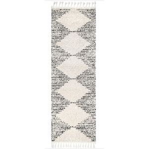 NULOOM NWT Moroccan diamond pinstripes tassel area rug -off white -2’6”x6’